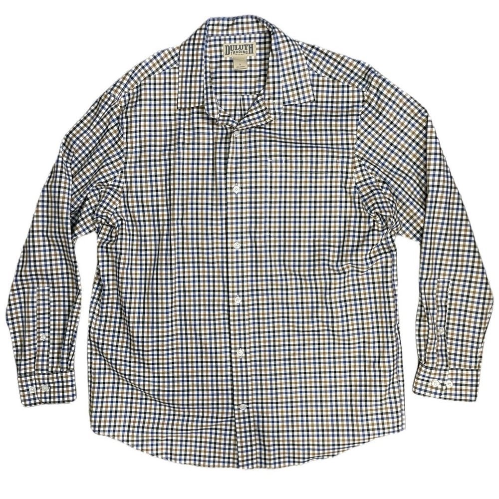 Duluth Trading Co. Plaid Button Up Shirt Large Brown Blue